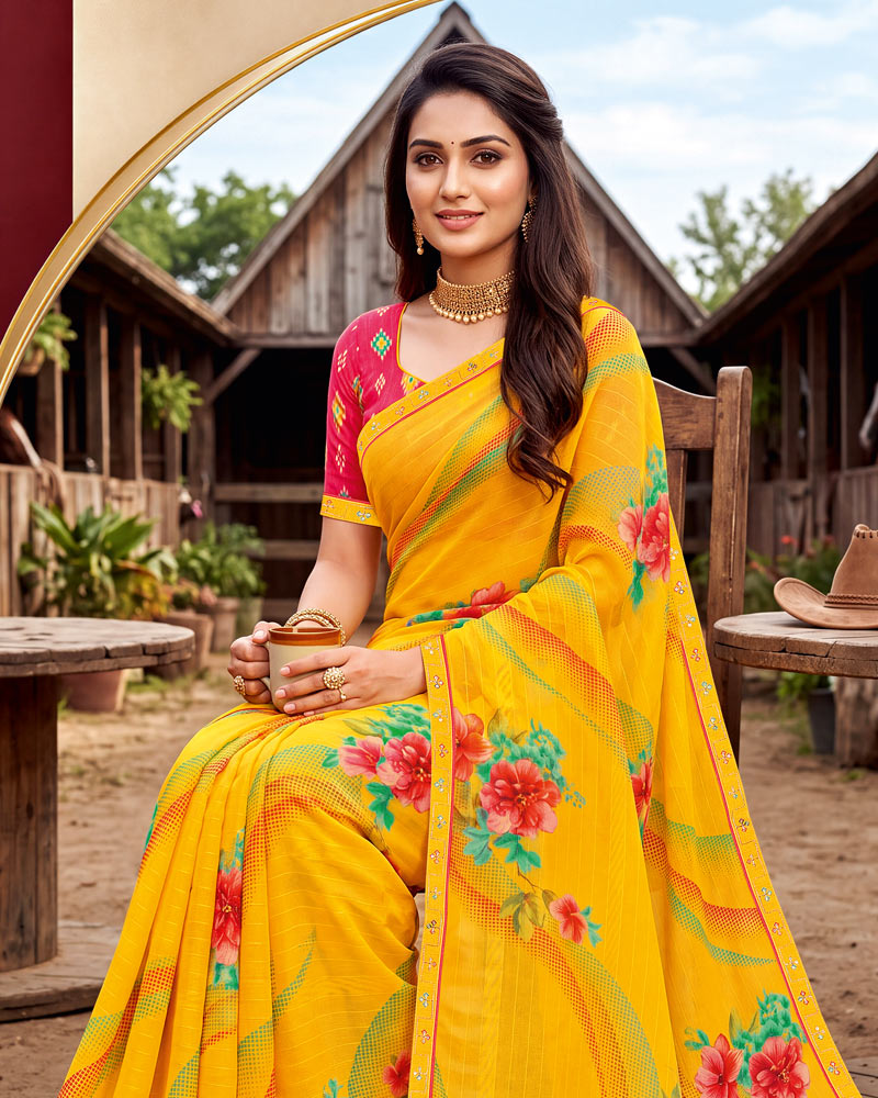 Vishal Prints Golden Yellow Printed Chiffon Saree With Fancy Embroidery Border
