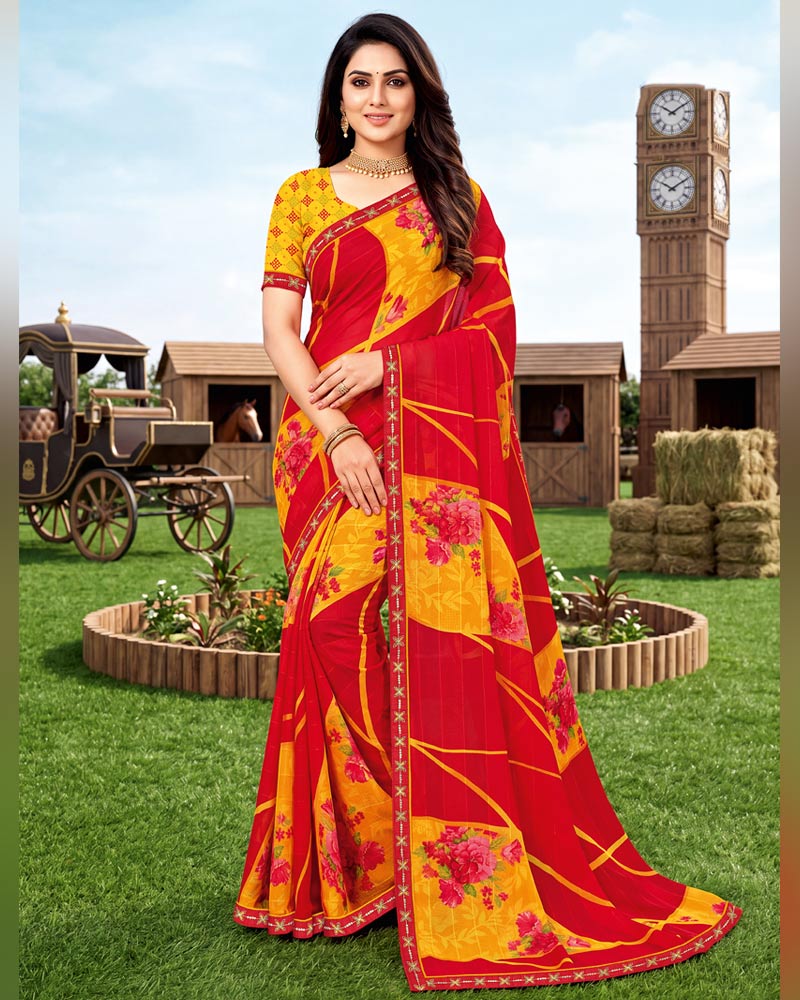 Vishal Prints Venetian Red Printed Chiffon Saree With Fancy Embroidery Border