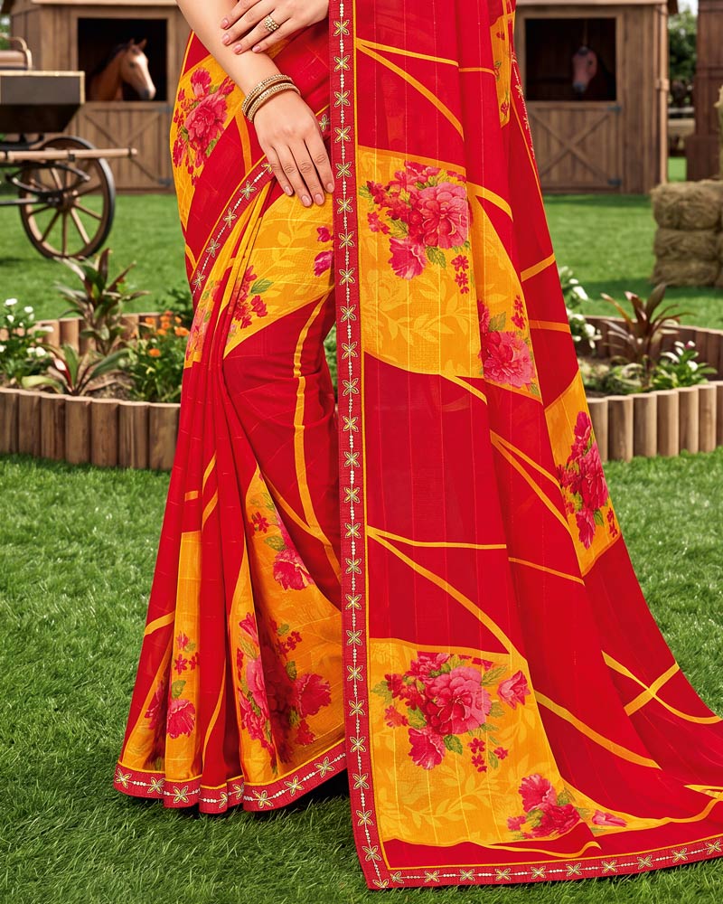 Vishal Prints Venetian Red Printed Chiffon Saree With Fancy Embroidery Border