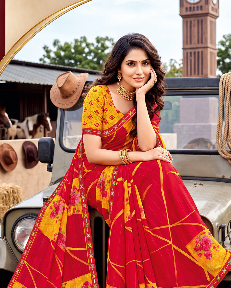 Vishal Prints Venetian Red Printed Chiffon Saree With Fancy Embroidery Border