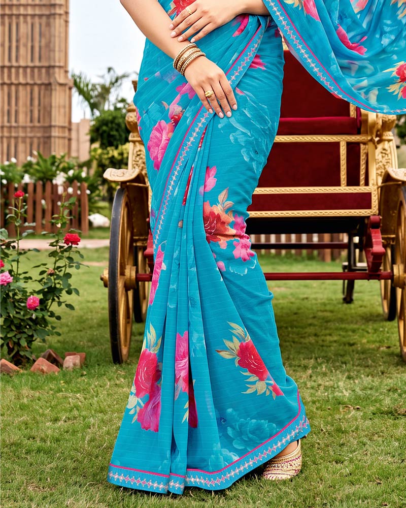 Vishal Prints Pacific Blue Printed Chiffon Saree With Fancy Embroidery Border