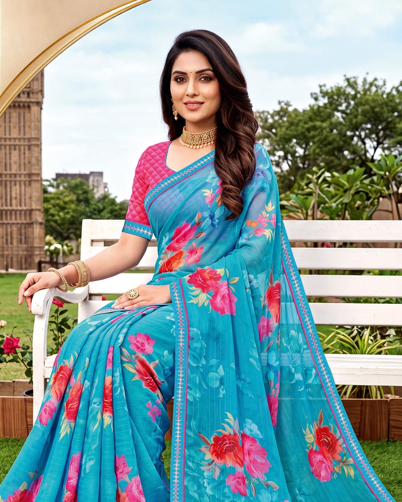 Vishal Prints Pacific Blue Printed Chiffon Saree With Fancy Embroidery Border
