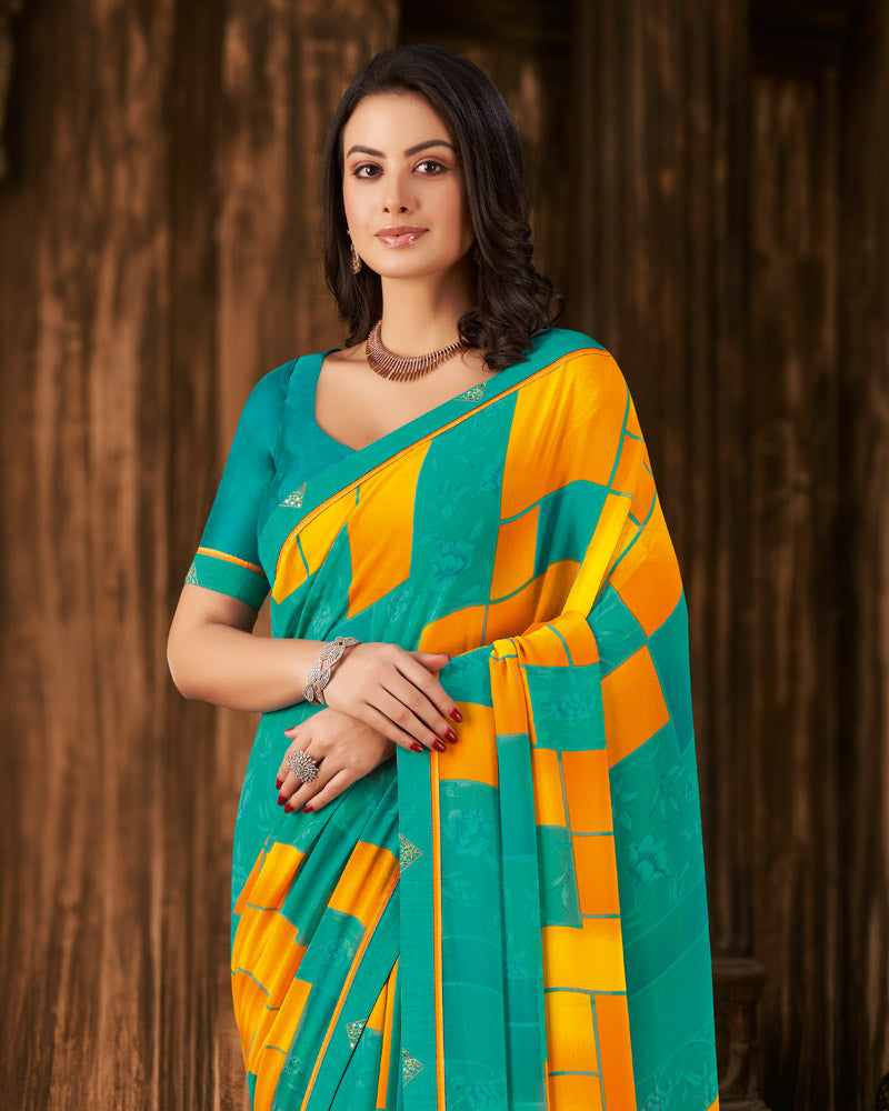 Vishal Prints Teal Green Printed Georgette Saree With Fancy Border