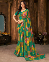 Vishal Prints Rama Green Printed Georgette Saree With Fancy Border