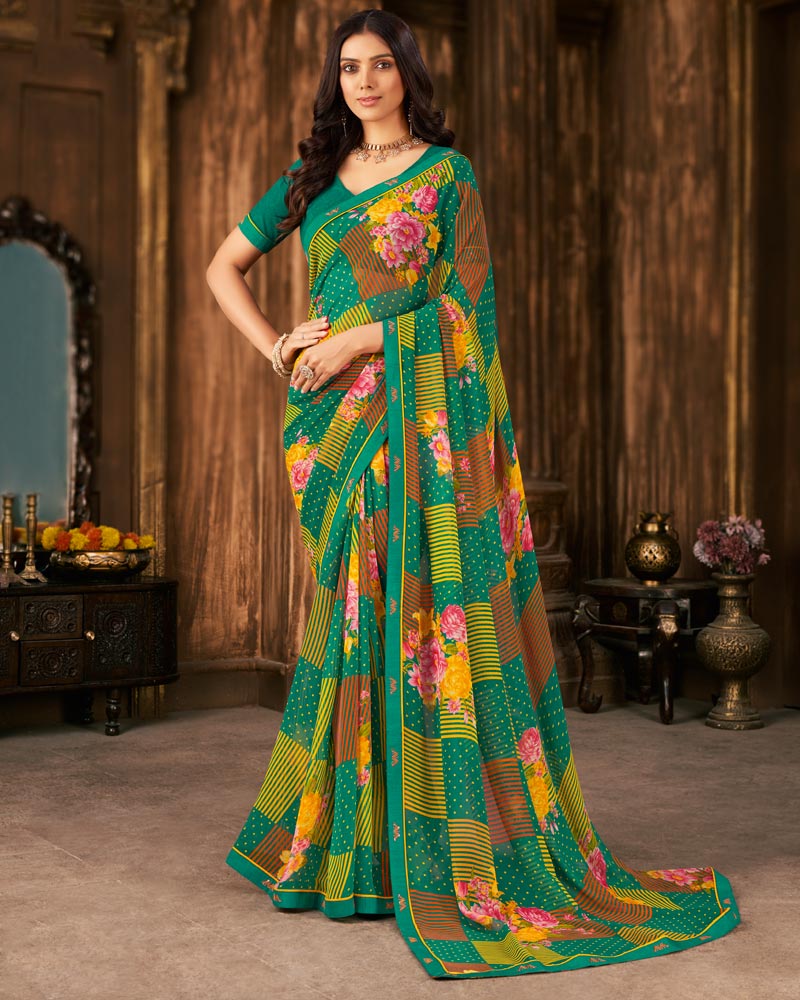 Vishal Prints Rama Green Printed Georgette Saree With Fancy Border