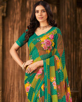Vishal Prints Rama Green Printed Georgette Saree With Fancy Border