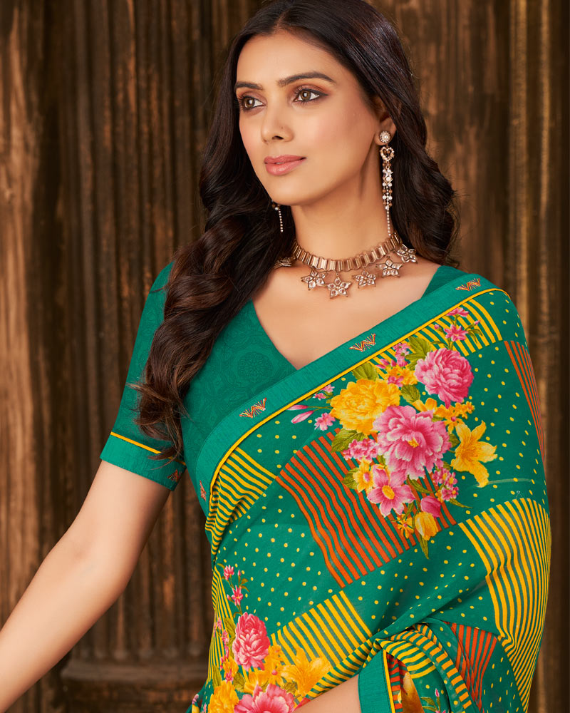 Vishal Prints Rama Green Printed Georgette Saree With Fancy Border