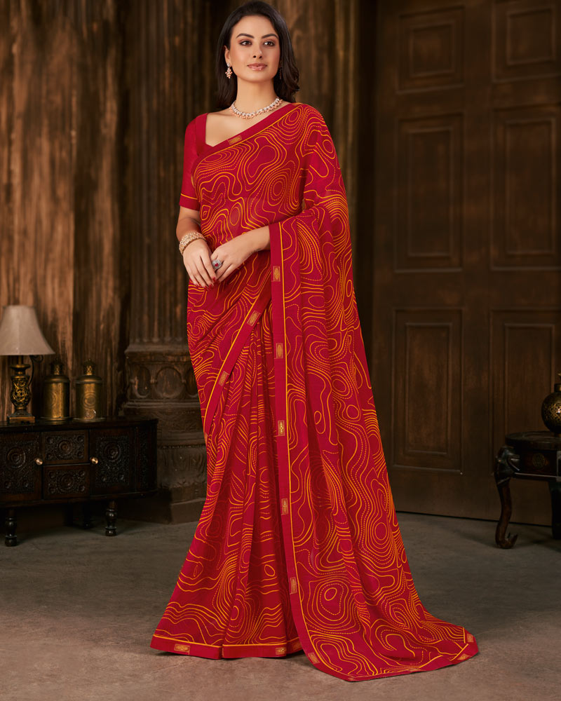 Vishal Prints Dark Red Printed Georgette Saree With Fancy Border