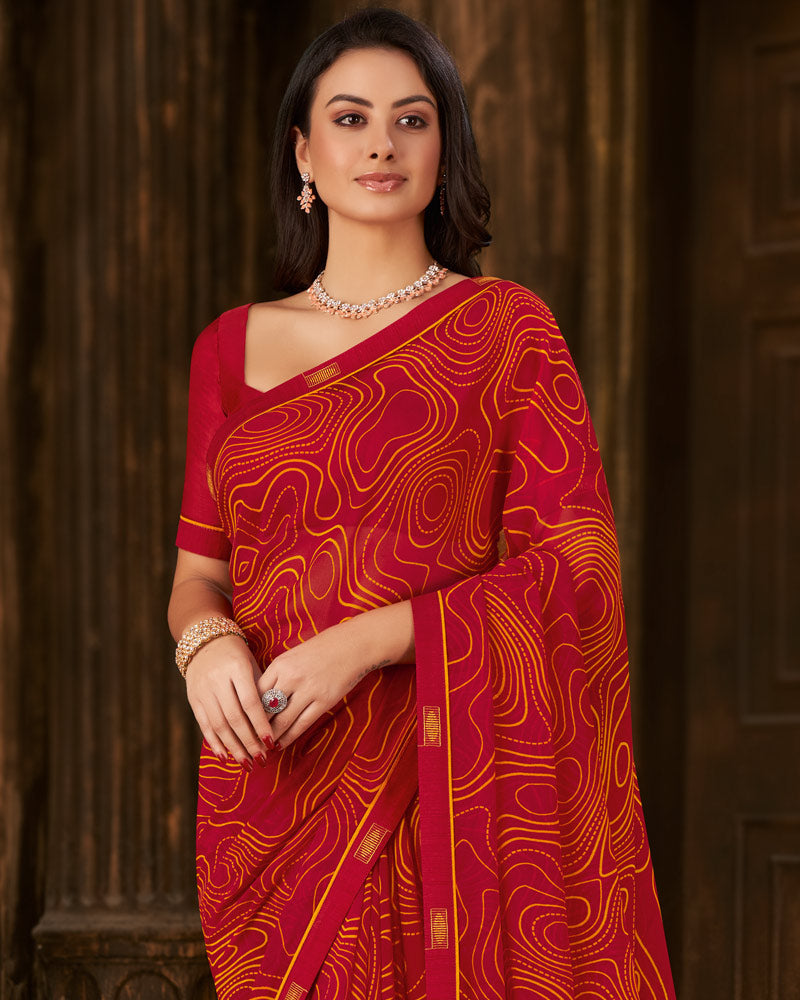 Vishal Prints Dark Red Printed Georgette Saree With Fancy Border