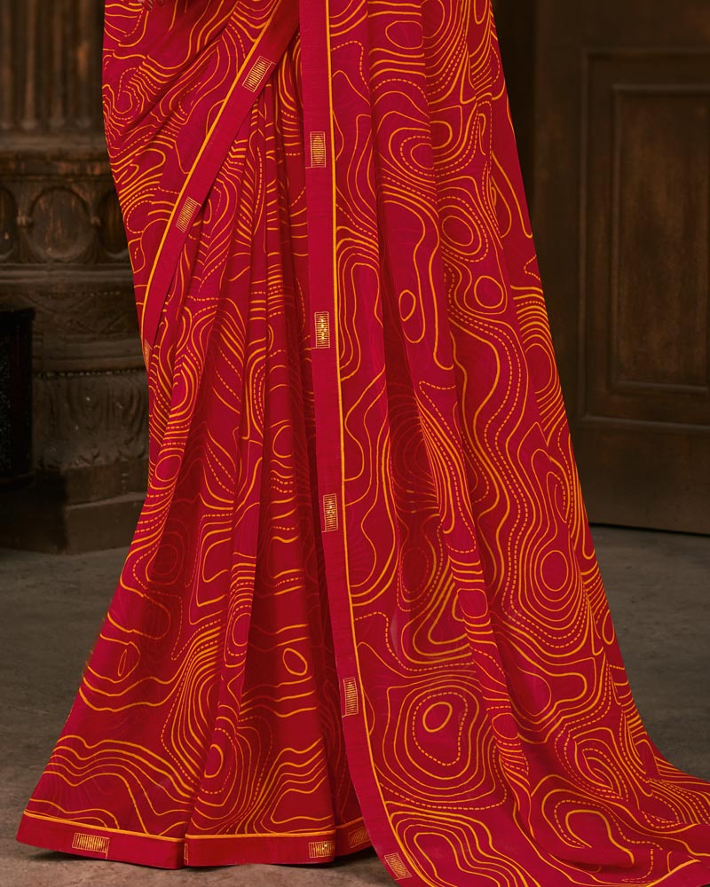 Vishal Prints Dark Red Printed Georgette Saree With Fancy Border