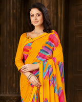 Vishal Prints Dark Yellow Printed Georgette Saree With Fancy Border