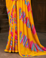 Vishal Prints Dark Yellow Printed Georgette Saree With Fancy Border