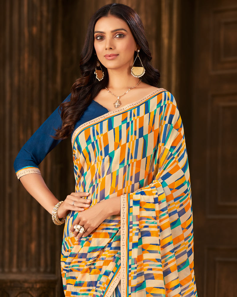 Vishal Prints Off White Printed Georgette Saree With Fancy Border
