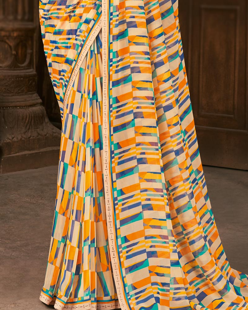 Vishal Prints Off White Printed Georgette Saree With Fancy Border