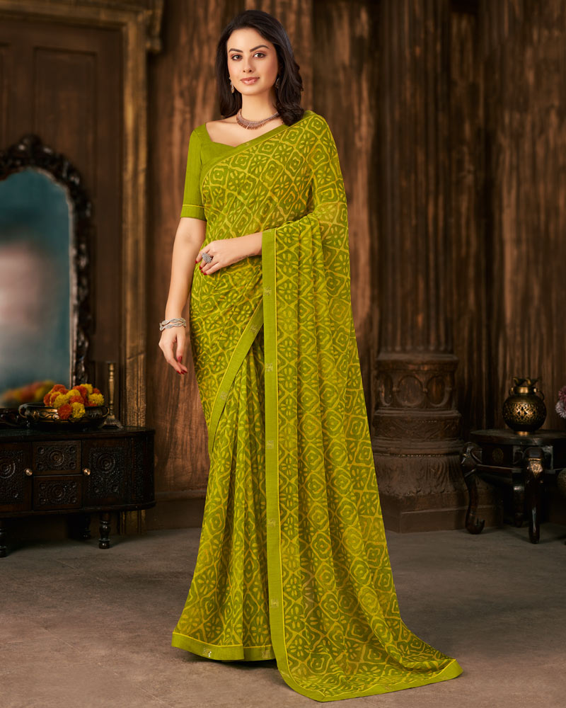 Vishal Prints Olive Green Printed Georgette Saree With Fancy Border