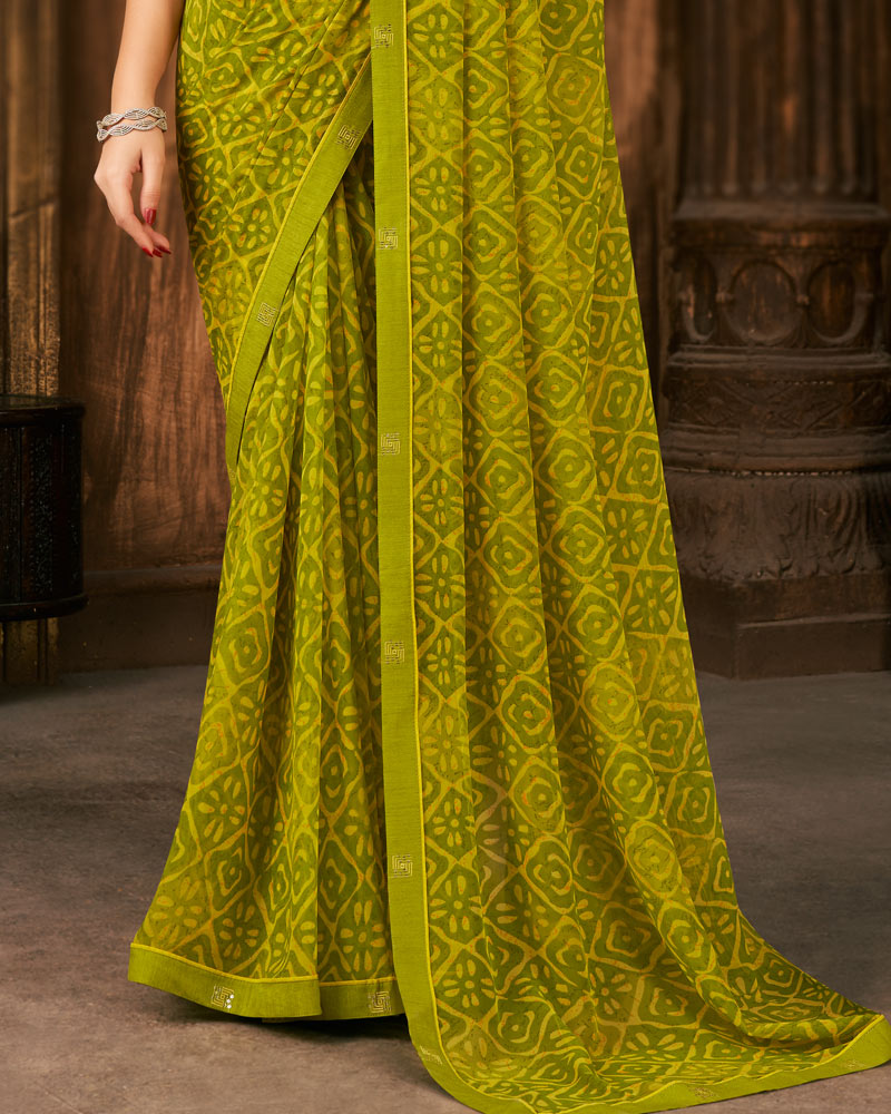 Vishal Prints Olive Green Printed Georgette Saree With Fancy Border