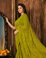 Vishal Prints Olive Green Printed Georgette Saree With Fancy Border