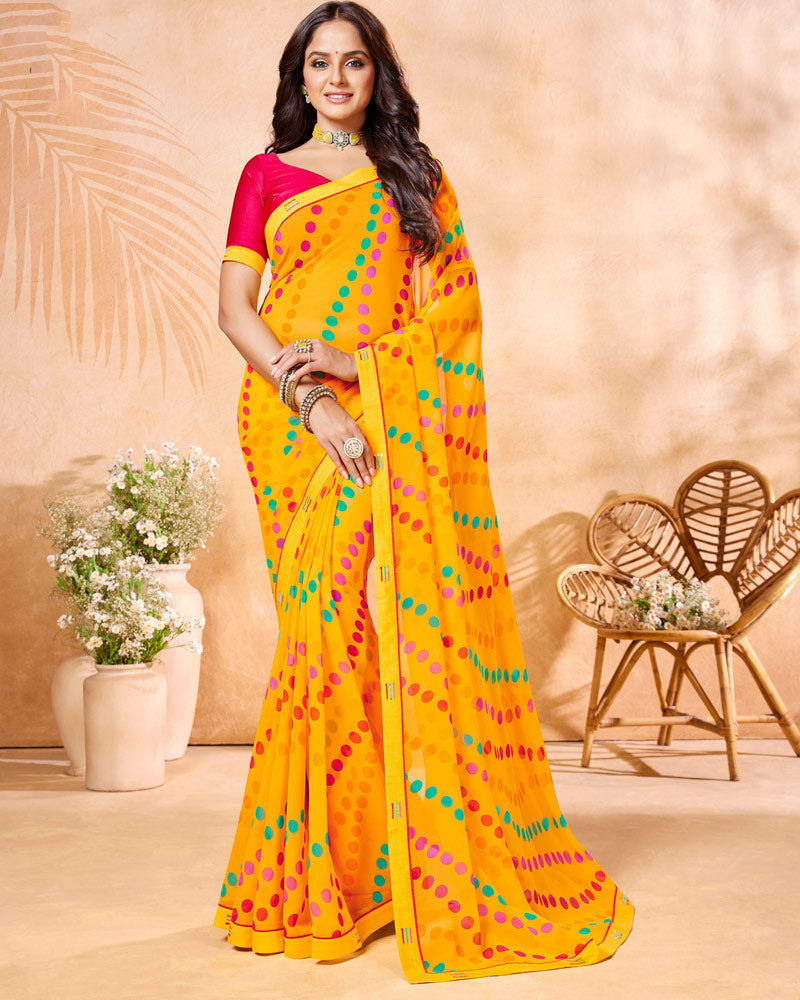 Vishal Prints Dark Yellow Printed Georgette Saree With Fancy Border