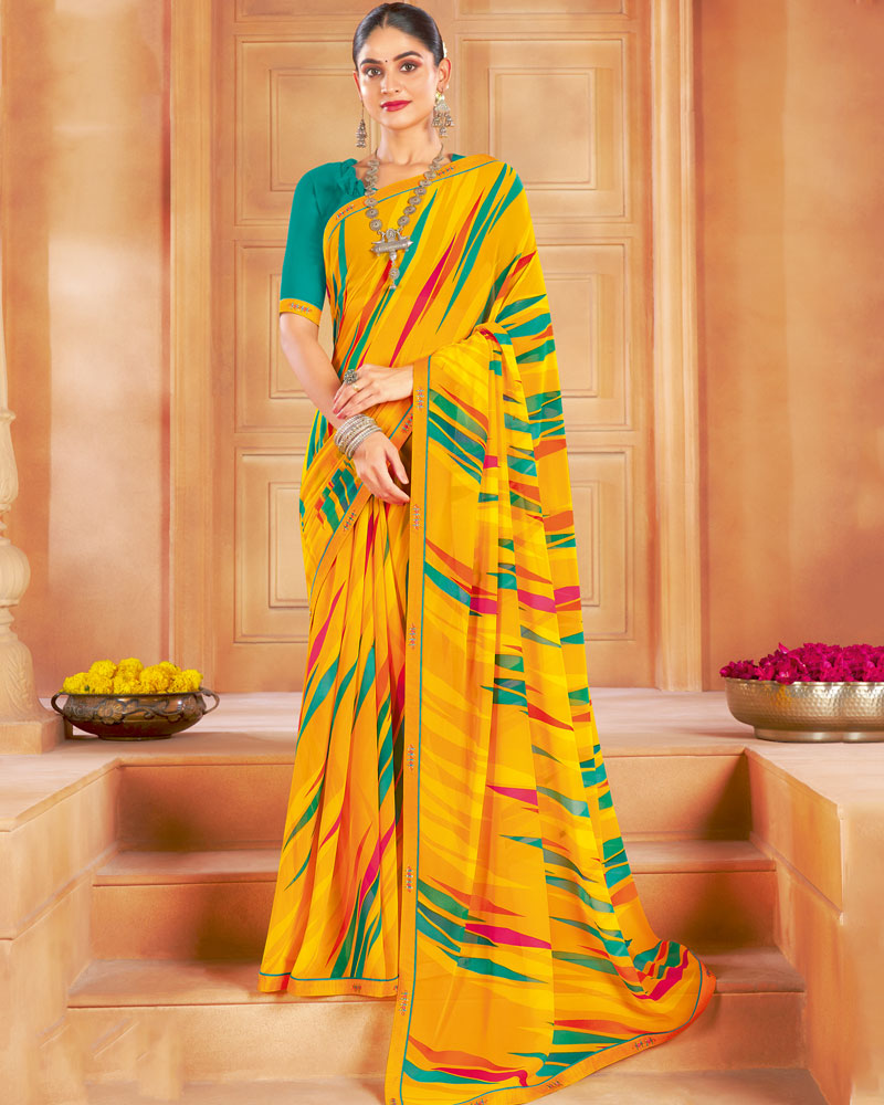 Vishal Prints Dark Yellow Printed Georgette Saree With Fancy Border