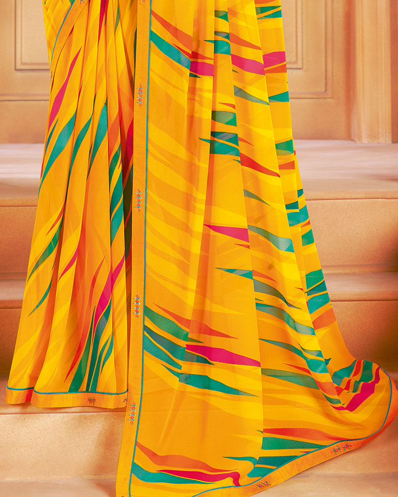 Vishal Prints Dark Yellow Printed Georgette Saree With Fancy Border