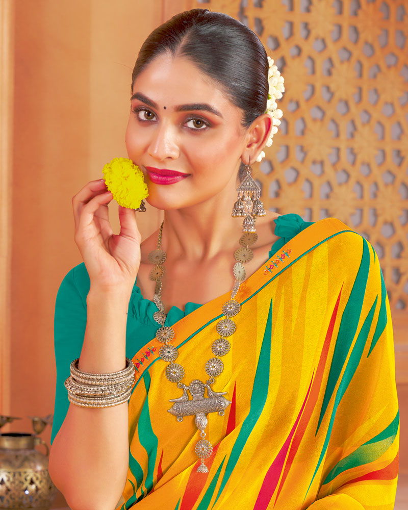 Vishal Prints Dark Yellow Printed Georgette Saree With Fancy Border