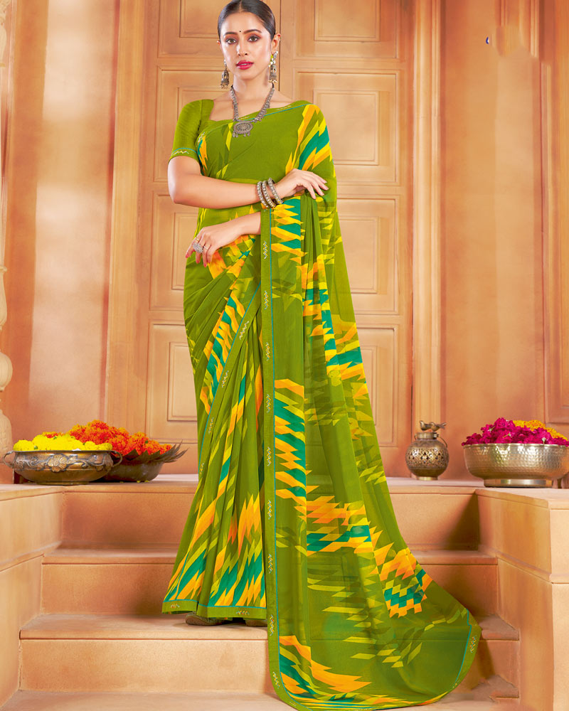 Vishal Prints Mehandi Green Printed Georgette Saree With Fancy Border