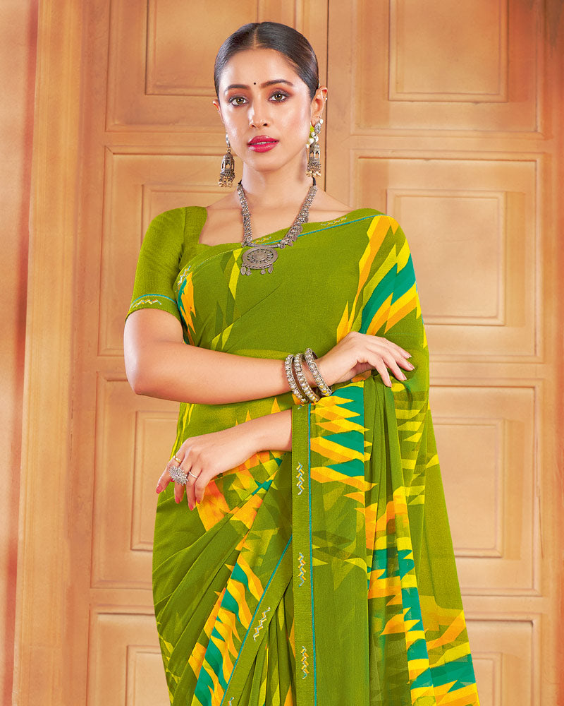 Vishal Prints Mehandi Green Printed Georgette Saree With Fancy Border
