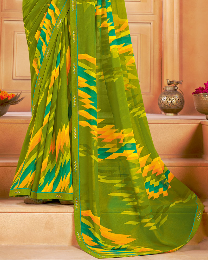 Vishal Prints Mehandi Green Printed Georgette Saree With Fancy Border