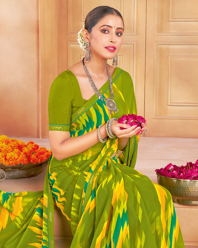 Vishal Prints Mehandi Green Printed Georgette Saree With Fancy Border