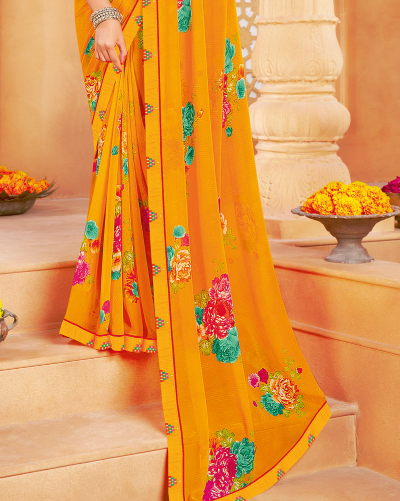 Vishal Prints Saffron Color Printed Georgette Saree With Fancy Border