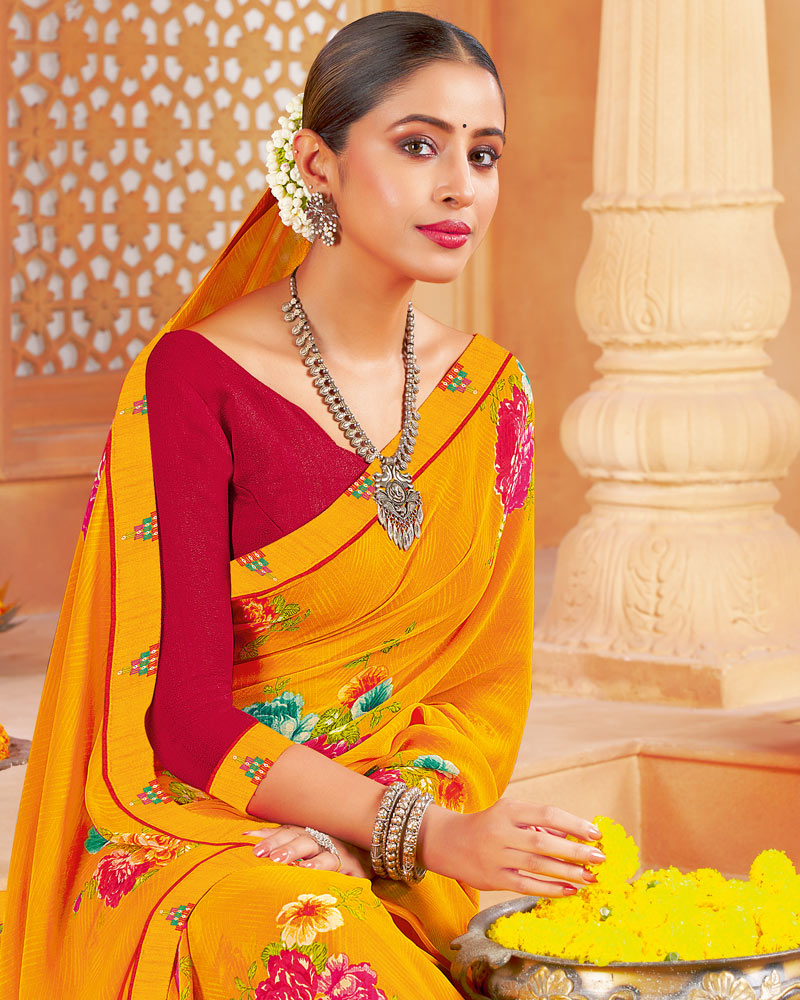 Vishal Prints Saffron Color Printed Georgette Saree With Fancy Border