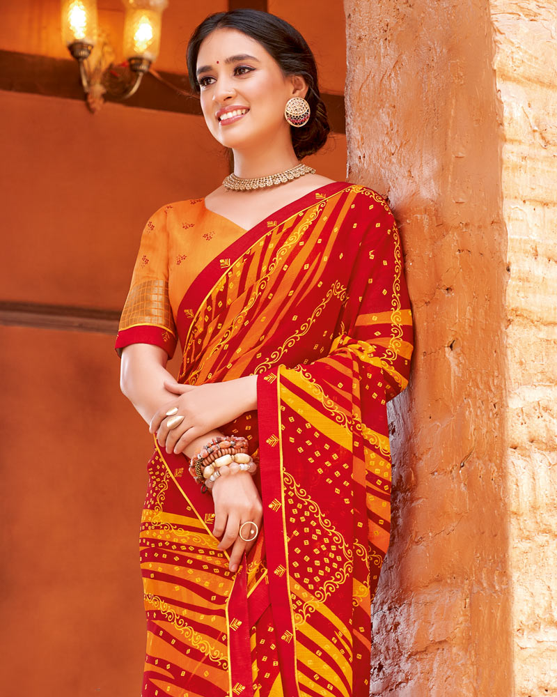 Vishal Prints Chili Red Printed Patterned Georgette Saree With Fancy Border