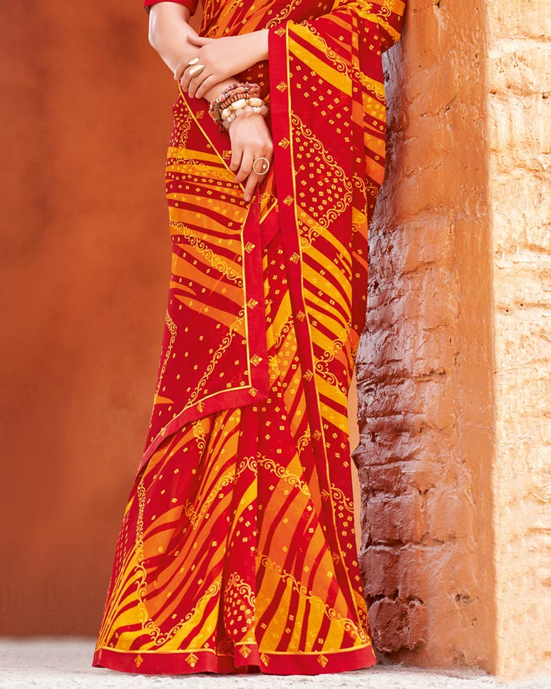 Vishal Prints Chili Red Printed Patterned Georgette Saree With Fancy Border