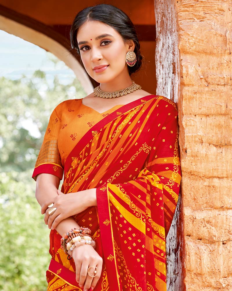 Vishal Prints Chili Red Printed Patterned Georgette Saree With Fancy Border