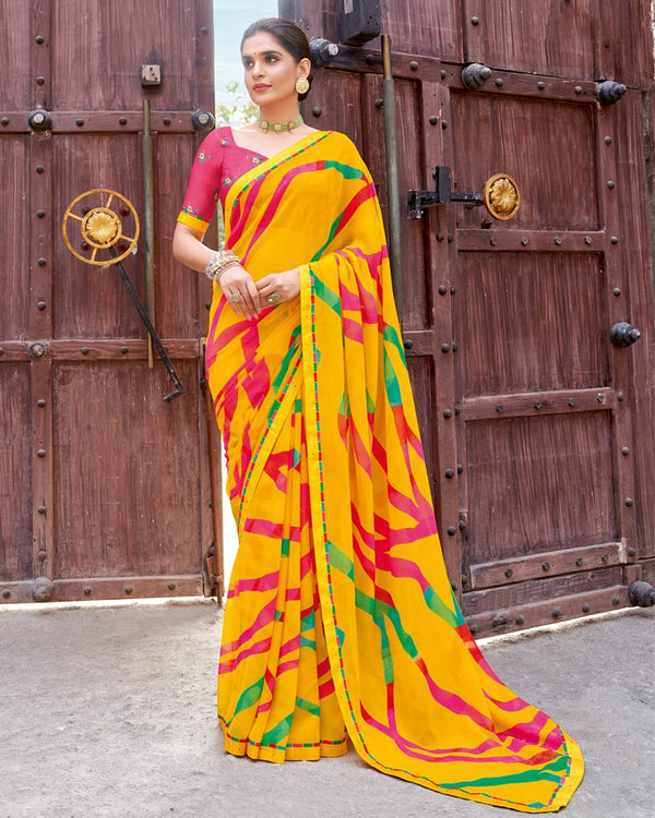 Vishal Prints Chrome Yellow Printed Patterned Georgette Saree With Fancy Border