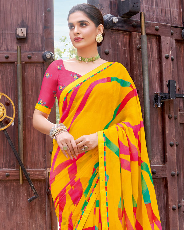Vishal Prints Chrome Yellow Printed Patterned Georgette Saree With Fancy Border
