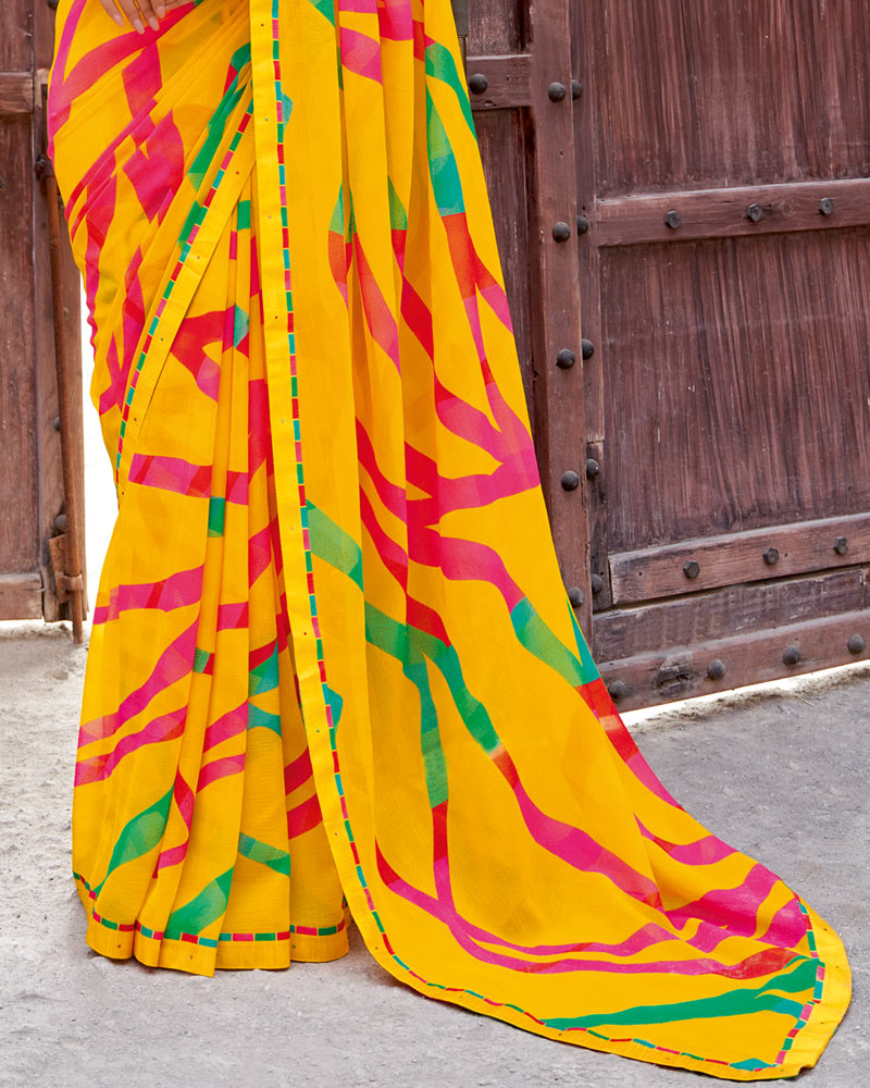Vishal Prints Chrome Yellow Printed Patterned Georgette Saree With Fancy Border