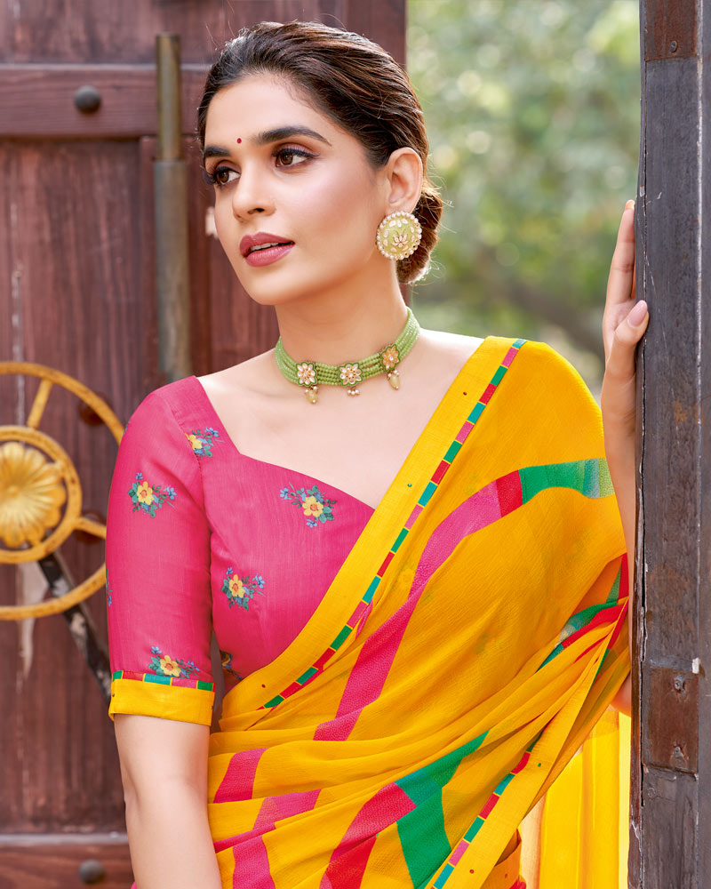 Vishal Prints Chrome Yellow Printed Patterned Georgette Saree With Fancy Border