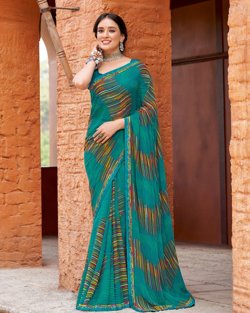 Vishal Prints Dark Teal Green Printed Patterned Georgette Saree With Fancy Border