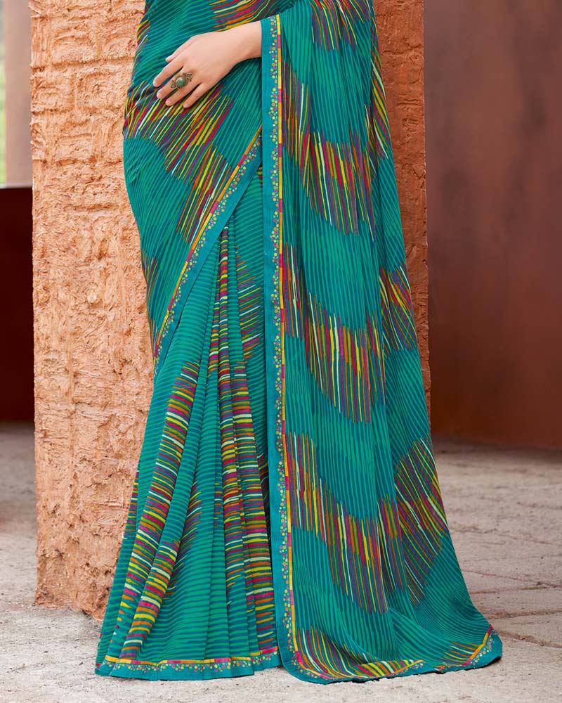 Vishal Prints Dark Teal Green Printed Patterned Georgette Saree With Fancy Border