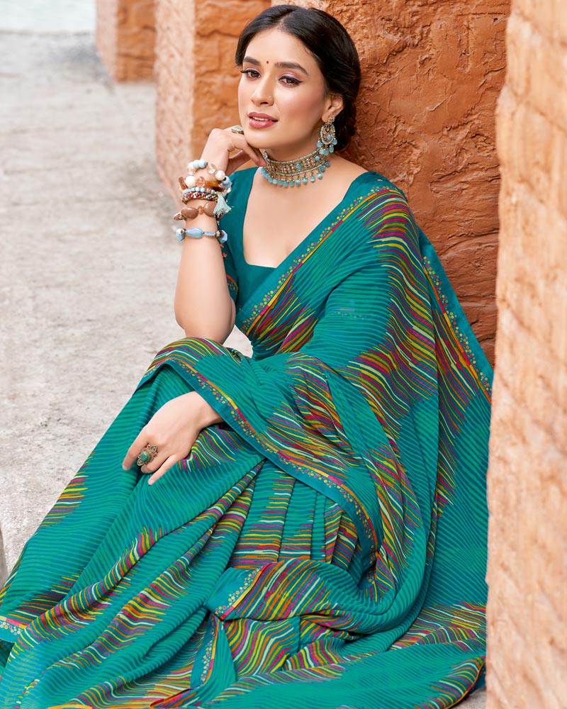Vishal Prints Dark Teal Green Printed Patterned Georgette Saree With Fancy Border
