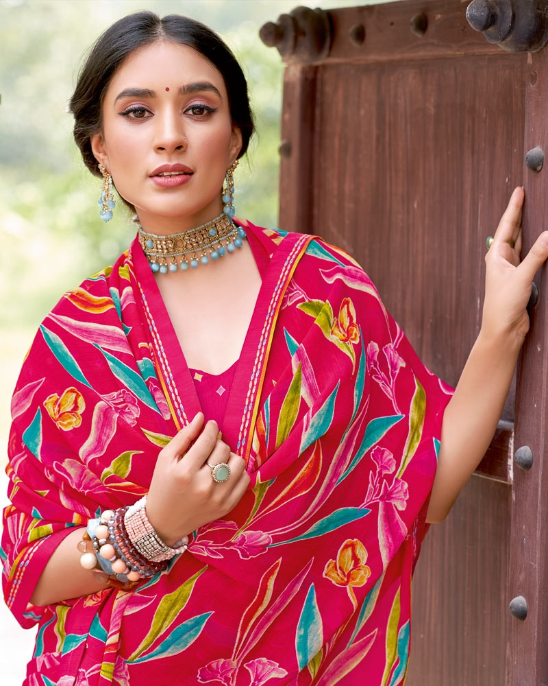 Vishal Prints Shiraz Pink Printed Patterned Georgette Saree With Fancy Border