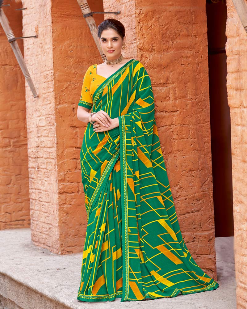 Vishal Prints Spring Green Printed Patterned Georgette Saree With Fancy Border