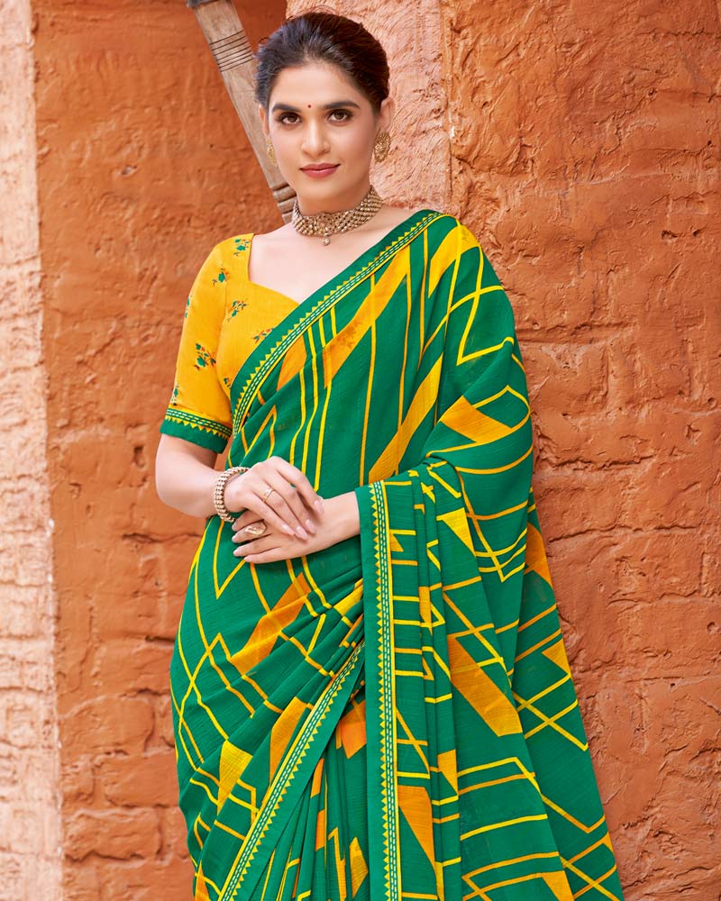 Vishal Prints Spring Green Printed Patterned Georgette Saree With Fancy Border