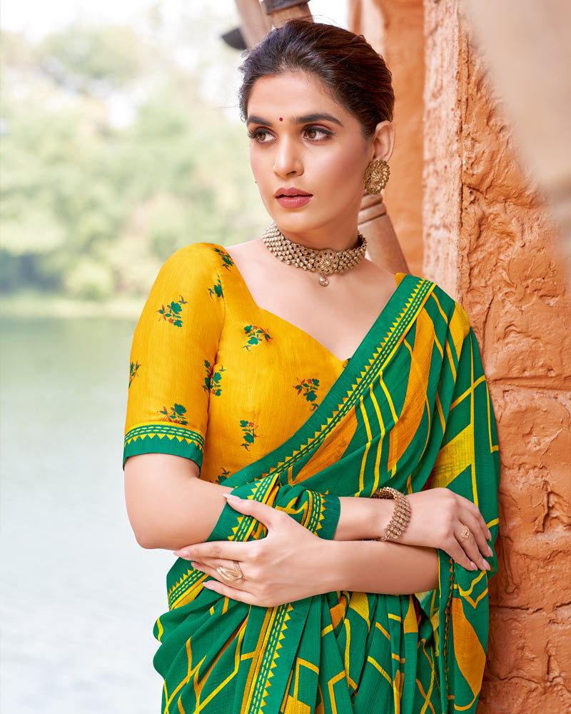 Vishal Prints Spring Green Printed Patterned Georgette Saree With Fancy Border