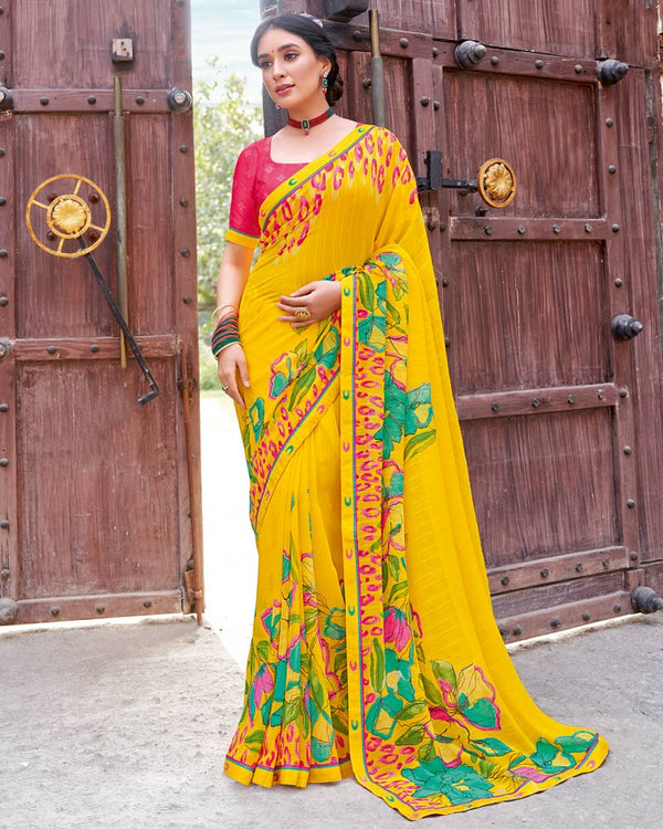 Vishal Prints Dark Yellow Printed Patterned Georgette Saree With Fancy Border