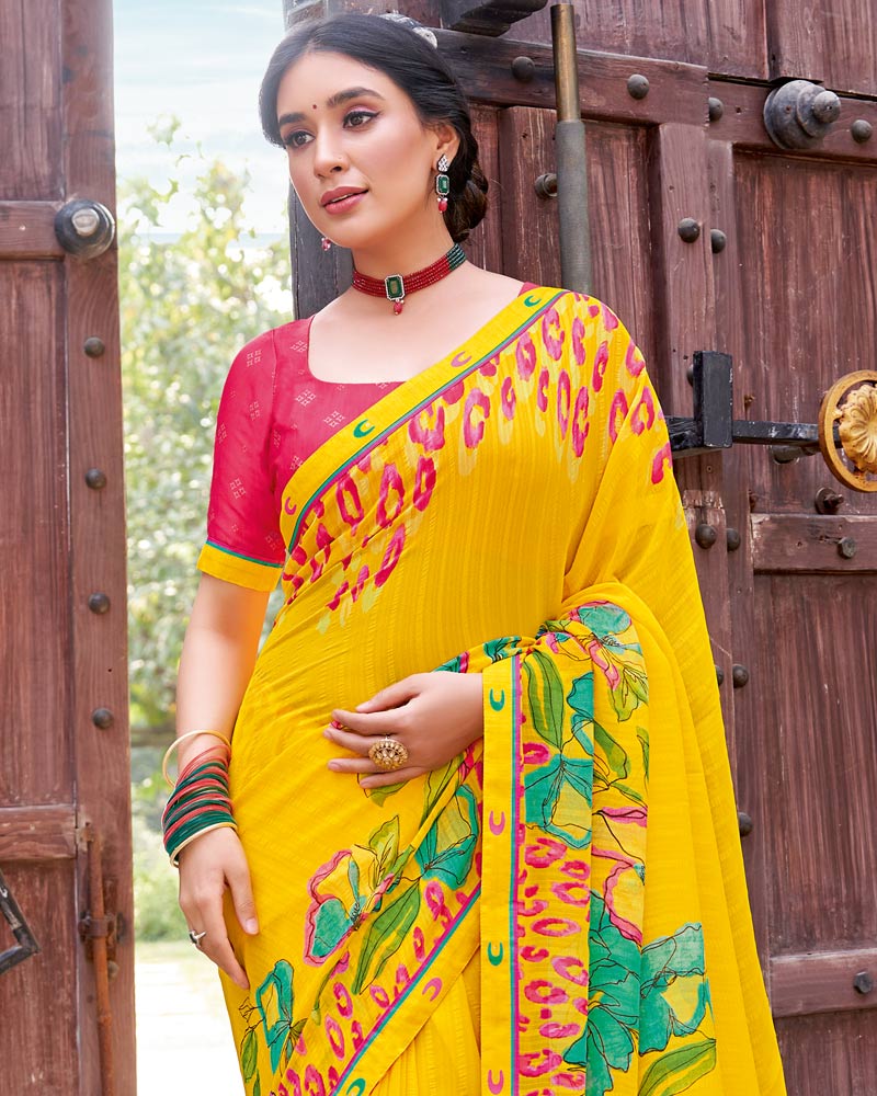 Vishal Prints Dark Yellow Printed Patterned Georgette Saree With Fancy Border