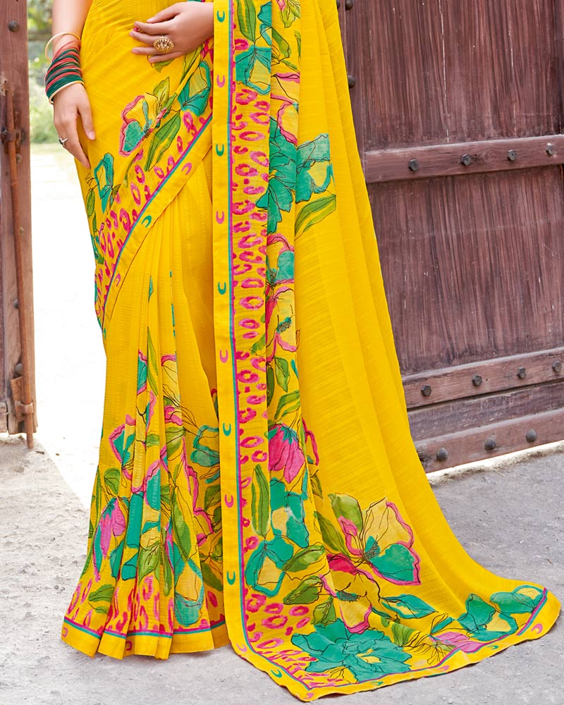 Vishal Prints Dark Yellow Printed Patterned Georgette Saree With Fancy Border