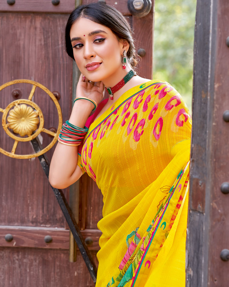 Vishal Prints Dark Yellow Printed Patterned Georgette Saree With Fancy Border