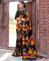 Vishal Prints Carbon Black Printed Patterned Georgette Saree With Fancy Border